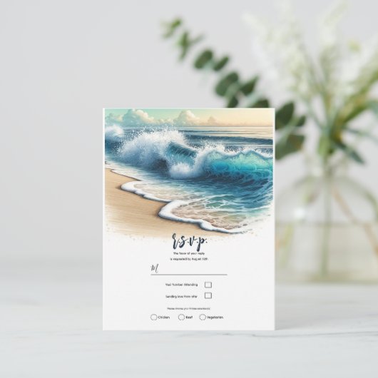 Invitation Réponse pour mariage sur la plage avec vagues de l (Debout devant)