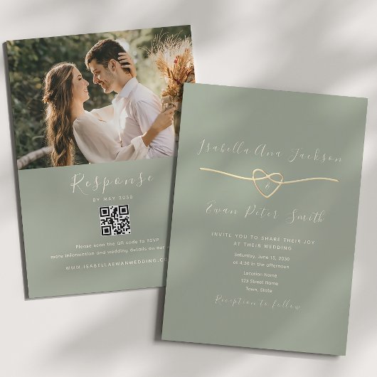 Invitation Réponse QR Code Mariage Vert Sauge
