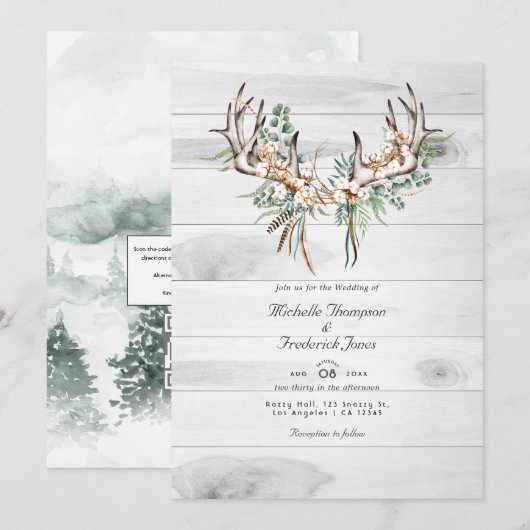 Invitation Réponse QR Code Rustique Mariage Bohème (Devant / Derrière)