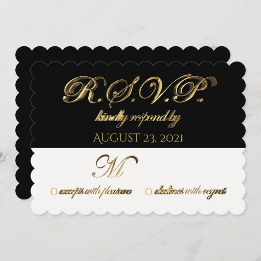 Invitation Réponse Réponse Mariage RSVP Noir Blanc Or (Devant / Derrière)