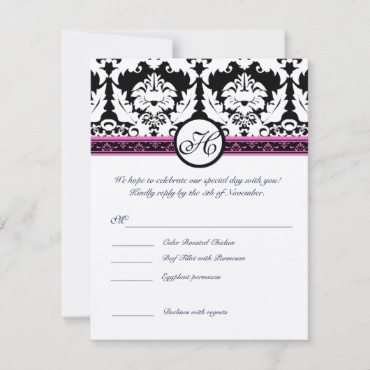 Invitation Réponse RSVP avec menu en damas noir monogrammé (Devant)