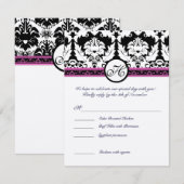 Invitation Réponse RSVP avec menu en damas noir monogrammé (Devant / Derrière)