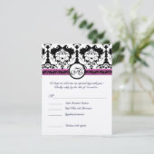 Invitation Réponse RSVP avec menu en damas noir monogrammé (Debout devant)