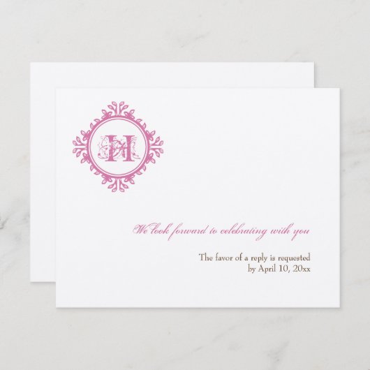 Invitation Réponse RSVP de mariage à l'initiale rose de décom (Devant / Derrière)