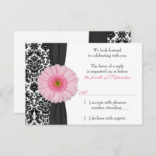 Invitation Réponse RSVP de mariage en damassé avec gerbera ro (Devant / Derrière)