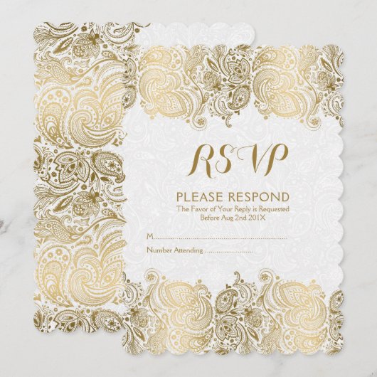 Invitation Réponse RSVP en dentelle de Paisley or et blanc (Devant / Derrière)