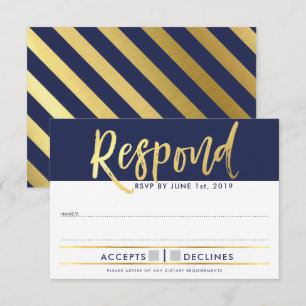 Invitation Réponse RSVP faux or type bleu marine