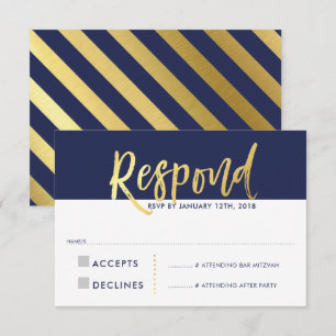 Invitation Réponse RSVP faux or type bleu marine
