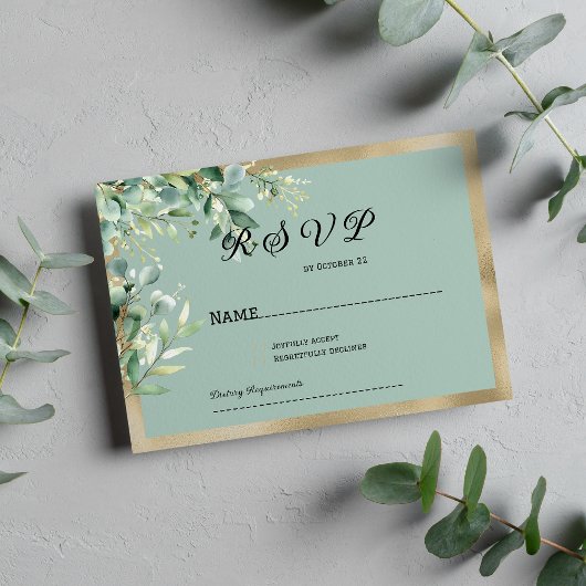 Invitation Réponse RSVP feuilles d'olive eucalyptus or rustiq