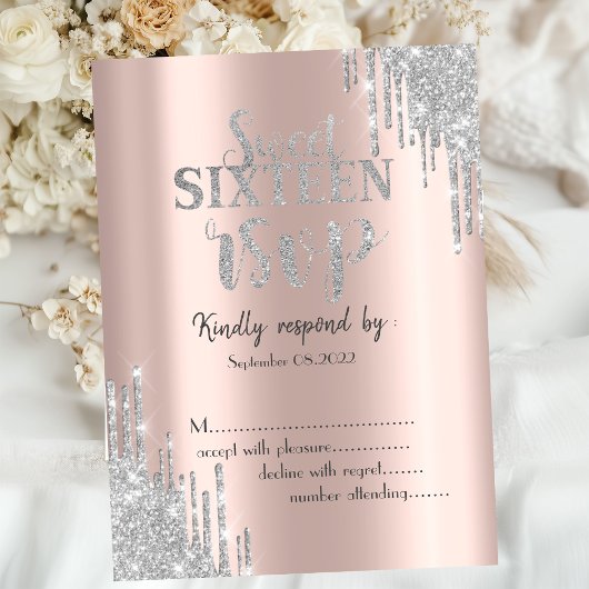 Invitation Réponse RSVP Glitter Élégant Rose Doré Sweet 16 
