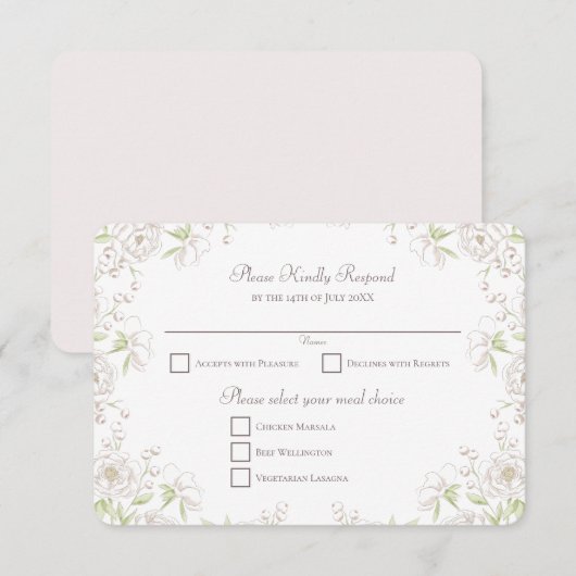 Invitation Réponse RSVP Mariage Classique Rose Blanche (Devant / Derrière)
