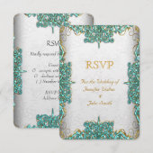 Invitation Réponse RSVP Mariage Orné Blanc Bleu Sarcelle (Devant / Derrière)
