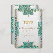 Invitation Réponse RSVP Mariage Orné Blanc Bleu Turquoise (Devant / Derrière)