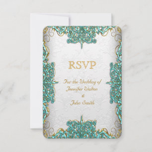 Invitation Réponse RSVP Mariage Orné Blanc Bleu Turquoise