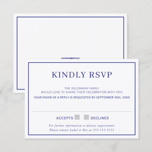 Invitation RÉPONSE RSVP simple bordure minimale bleu royal (Devant / Derrière)