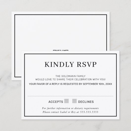 Invitation RÉPONSE RSVP simple bordure minimale noire (Devant / Derrière)
