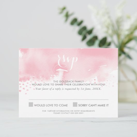Invitation Réponse RSVP stylée aquarelle rose pâle (Debout devant)