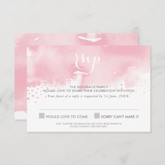 Invitation Réponse RSVP stylée aquarelle rose pâle (Devant / Derrière)
