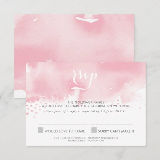 Invitation RéPONSE RSVP stylish watercolor rose pâle (Devant / Derrière)