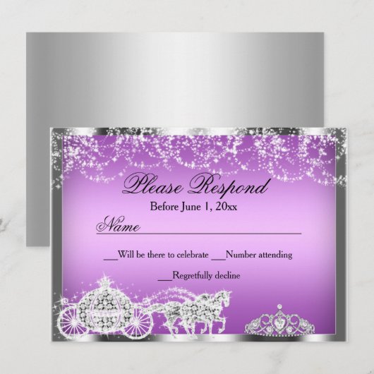 Invitation Réponse RSVP Thème Princesse Purple Sparkle (Devant / Derrière)