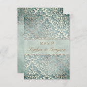 Invitation Réponse Sage Vert Pailleté Damassé Mariage (Devant / Derrière)