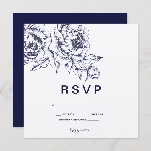 Invitation Réponse simple Navy Peony (Devant / Derrière)