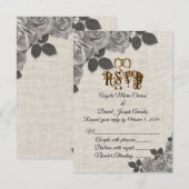Invitation Réponses de mariage en lin avec des roses noires e (Devant / Derrière)