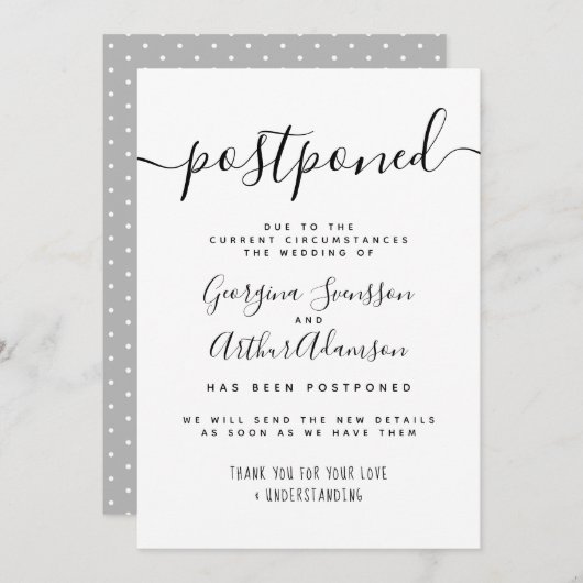 Invitation Report de dernière minute pour un mariage en noir (Devant / Derrière)