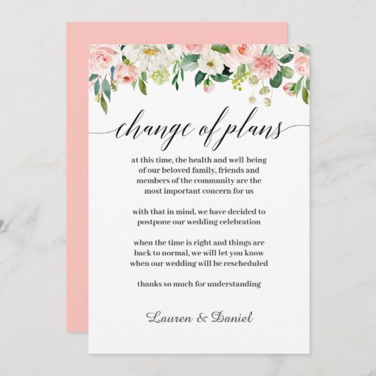 Invitation Report de mariage moderne blush Changement de plan (Devant / Derrière)