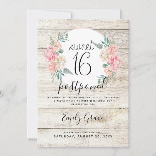 Invitation Reportée Rustique Bois Bohème Floral Douce 16 (Devant)