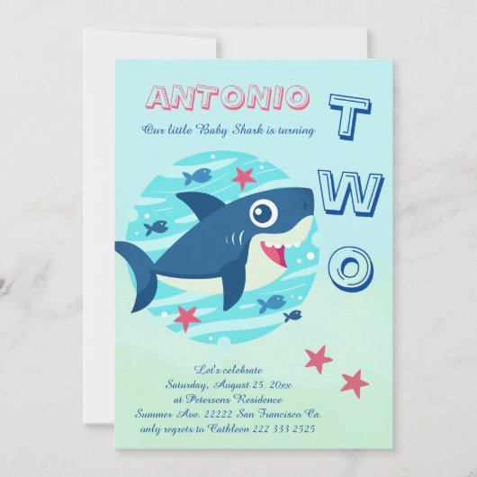 Invitation requin bébé 2e anniversaire sous la mer mignon (Devant)