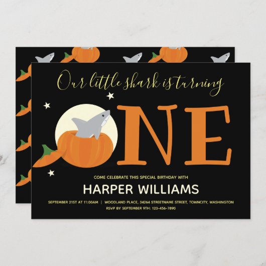 Invitation Requin transformant un bébé Citrouille premier ann (Devant / Derrière)