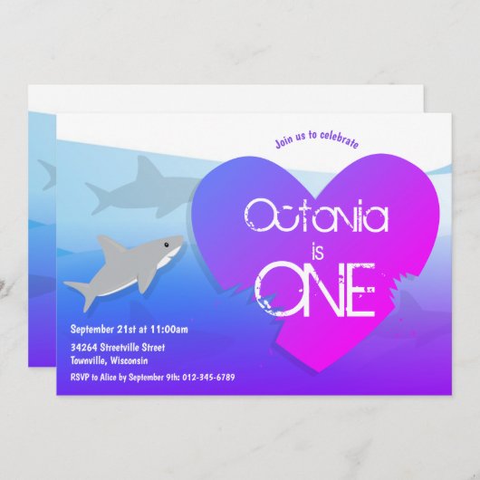 Invitation Requin violet rose première fête d'anniversaire In (Devant / Derrière)