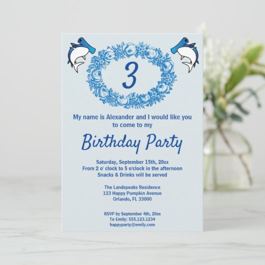 Invitation Requins bleus et couronne Rose pour anniversaire (Debout devant)