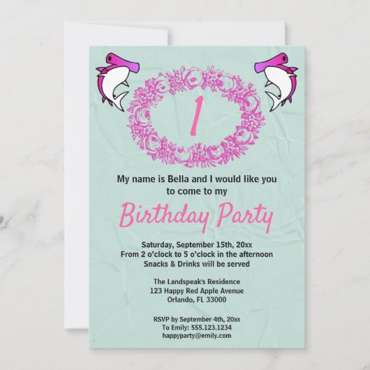 Invitation Requins roses et couronne Rose 1er anniversaire (Devant)