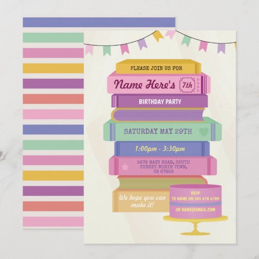 Invitation Réservez la bibliothèque d'anniversaire Lire le gâ (Devant / Derrière)