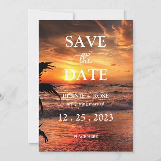 INVITATION RÉSERVEZ LA DATE MARIAGE PLAGE COUCHER DE SOLEIL (Devant)