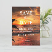 INVITATION RÉSERVEZ LA DATE MARIAGE PLAGE COUCHER DE SOLEIL (Debout devant)
