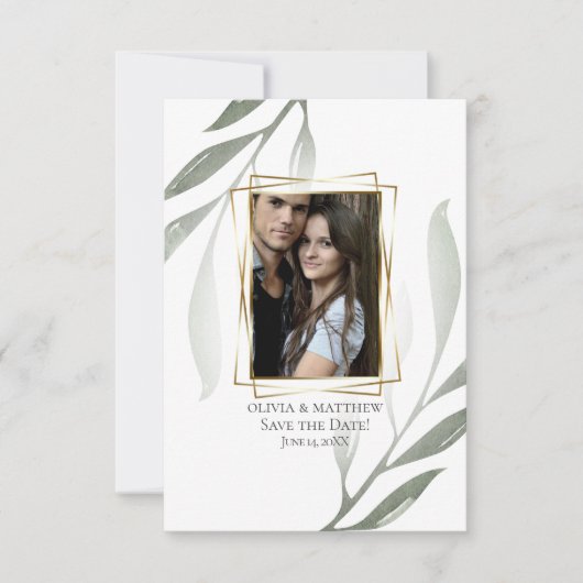 Invitation RÉSERVEZ LA DATE | Sage Vert Olive Branche Aquarel (Devant)