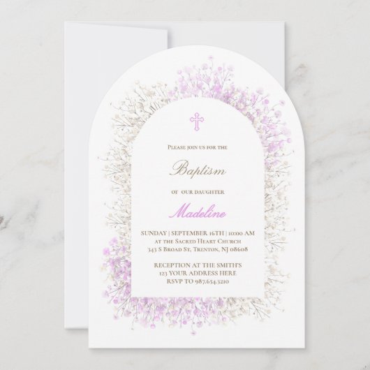Invitation Respiration de bébé blanc lilas baptême de bébé fi (Devant)