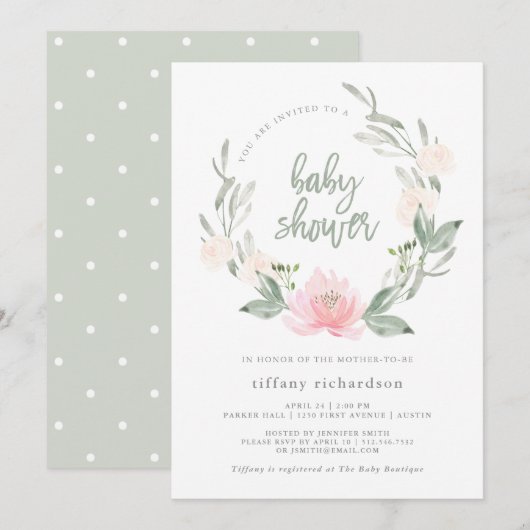 Invitation Ressort | Baby shower floral aquarelle (Devant / Derrière)