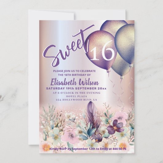Invitation Ressort Boho floral Girlly ballon glittery (Devant)