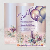 Invitation Ressort Boho floral Girlly ballon glittery (Devant / Derrière)