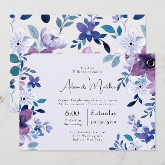 Invitation Ressort chic peint violet et Turquoise Mariage de (Devant / Derrière)