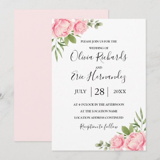 Invitation Ressort d'aquarelle florale / mariage rose d'été (Devant / Derrière)