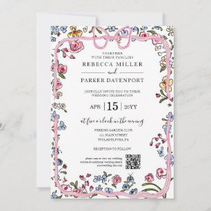 Invitation Ressort floral blanc moderne Mariage QR Code