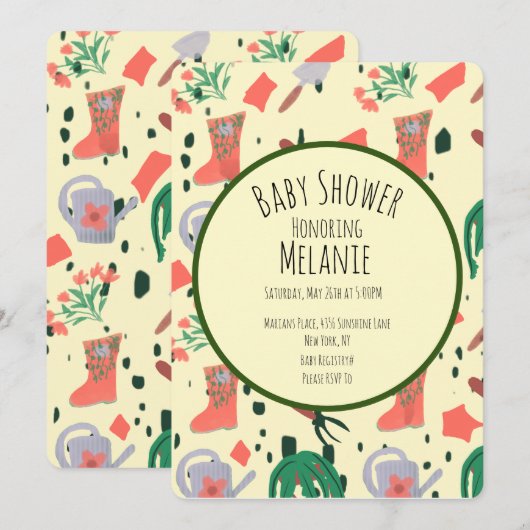 Invitation Ressort Floral Jardin Outils Pot Baby shower (Devant / Derrière)