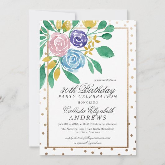 Invitation Ressort Floral or Confetti Aquarelle Anniversaire (Devant)