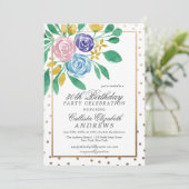 Invitation Ressort Floral or Confetti Aquarelle Anniversaire (Debout devant)