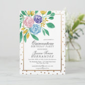 Invitation Ressort Floral or Confetti Aquarelle Quinceañera (Debout devant)